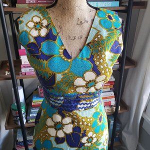 Vintage Martin Robert Sleeveless Blue Maxi Dress Tropical Floral Sz 12 Small
